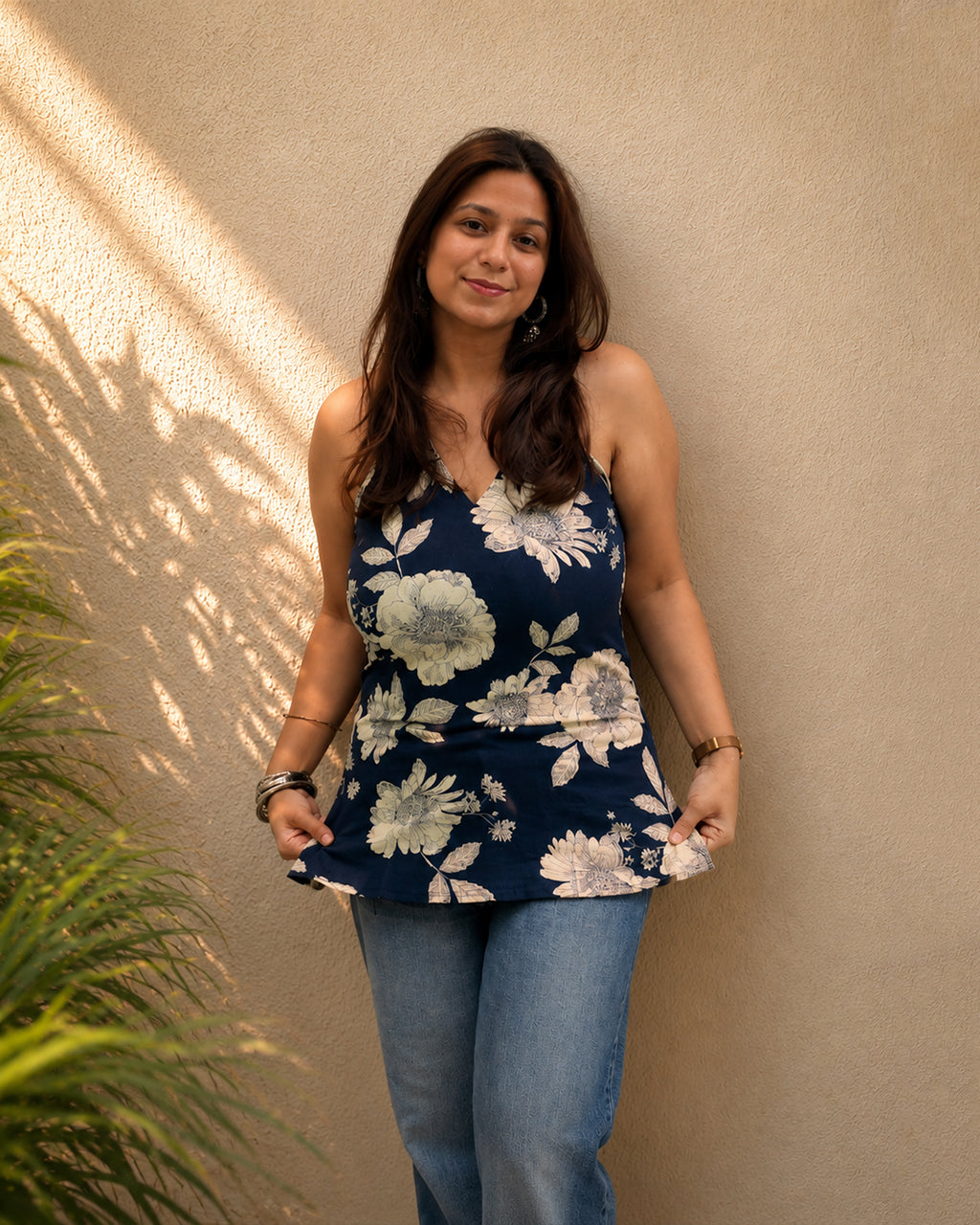 Indigo Blue Floral Halter Neck Kurti | Corset Back Kurti — KUMAAI