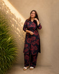 Black & Crimson Floral Print Cotton Co-ord Set — KUMAAI