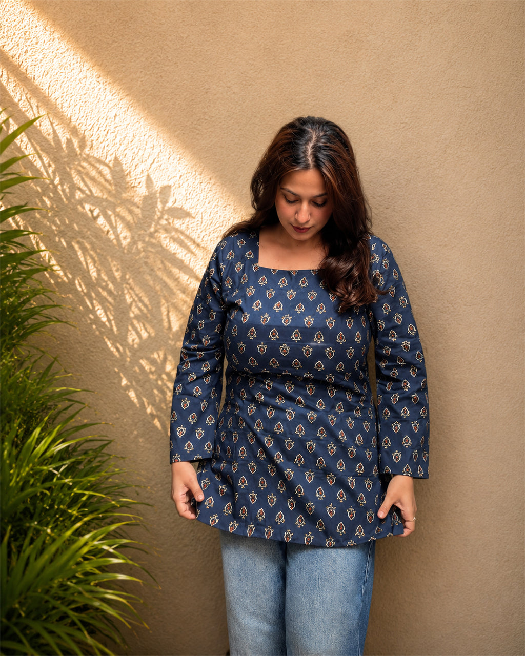 Indira Navy Boota Print Kurti | Bell Sleeve Back Dori Kurti — KUMAAI