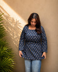 Indira Navy Boota Print Kurti | Bell Sleeve Back Dori Kurti — KUMAAI