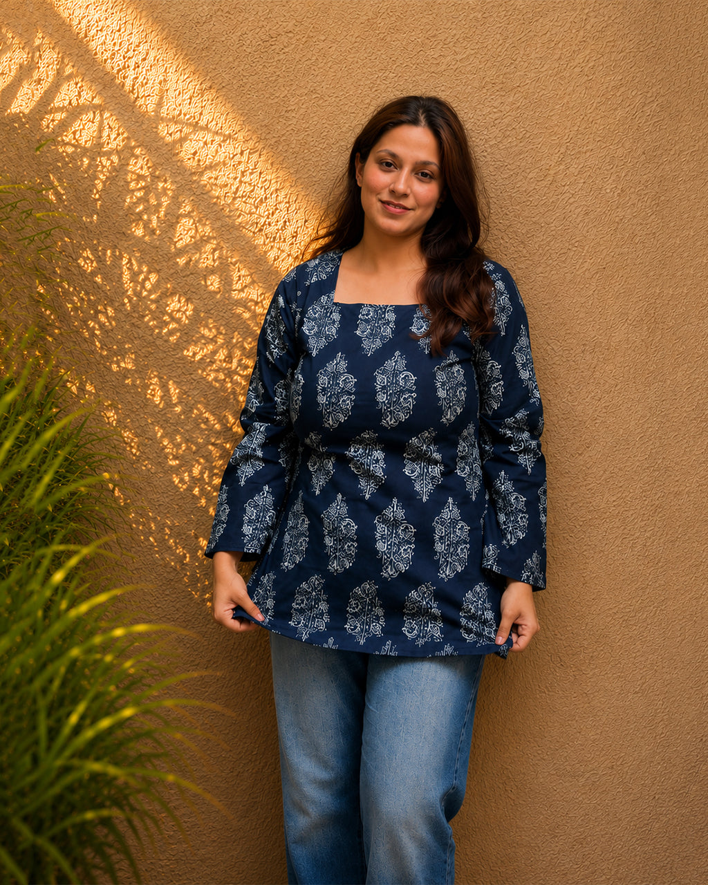 Navy Leaf Print Short Kurti | Bell Sleeve Back Dori Kurti — KUMAAI