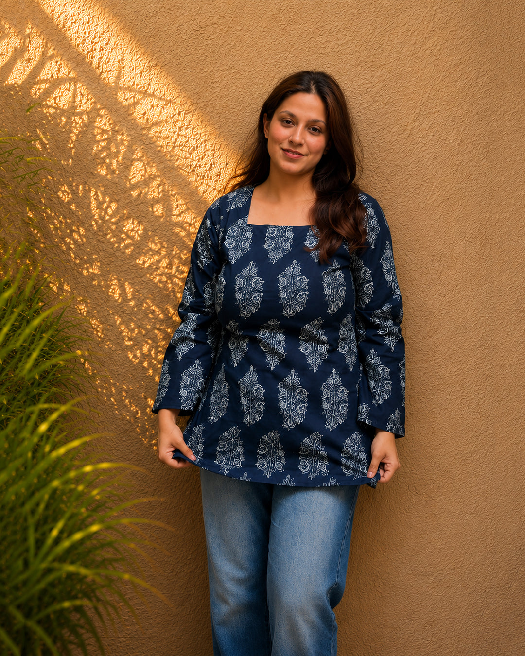 Navy Leaf Print Short Kurti | Bell Sleeve Back Dori Kurti — KUMAAI