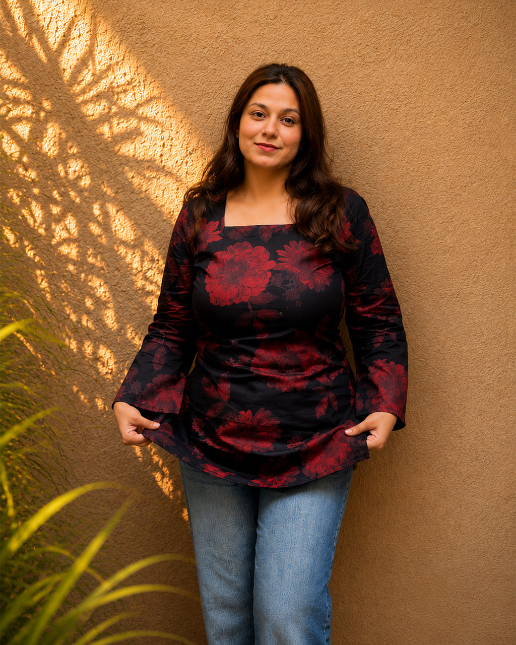 Crimson Red Floral Print Kurti | Bell Sleeve Cotton Kurti — KUMAAI