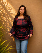 Crimson Red Floral Print Kurti | Bell Sleeve Cotton Kurti — KUMAAI