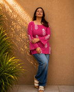 Berry Pink Floral Print Kurti | Bell Sleeve Cotton Kurti — KUMAAI