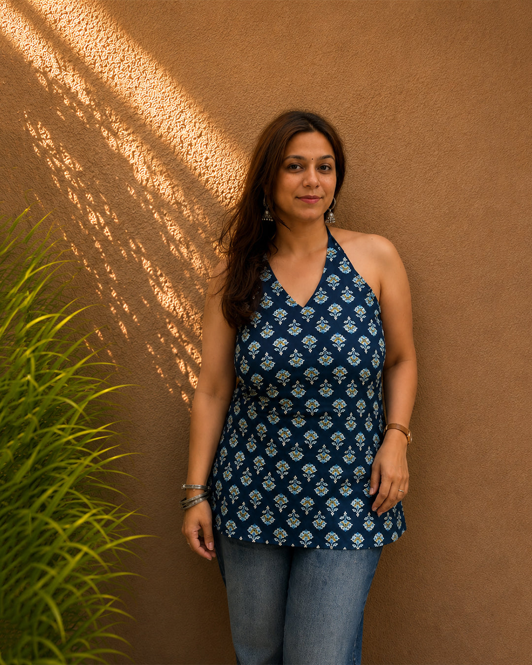 Indigo Blossom Botanical Halter Neck Cotton Kurti | Statement Floral Print — KUMAAI