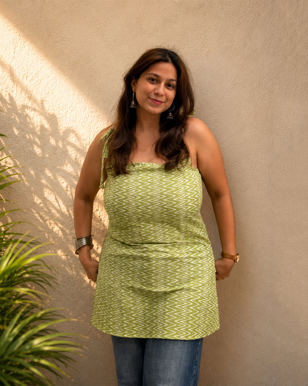 Olive Green Zigzag Print Cotton Kurti | Shoulder Dori Kurti — KUMAAI