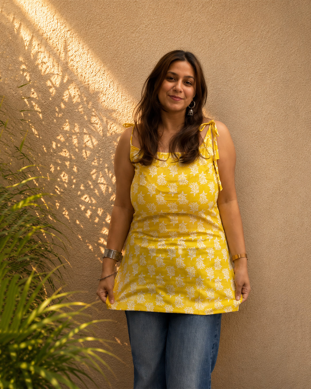 Yellow Botanical Print Cotton Kurti | Shoulder Dori Tie Kurti — KUMAAI