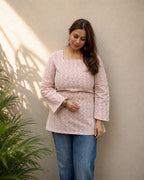 Blush Pink Geometric Print Short Kurti | Bell Sleeve Kurti — KUMAAI