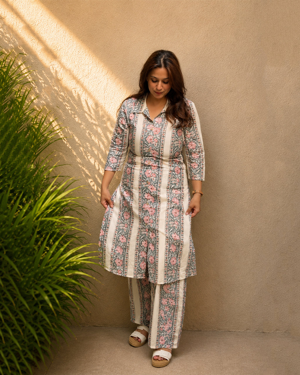 Ivory Floral Print Cotton Co-ord Set — KUMAAI