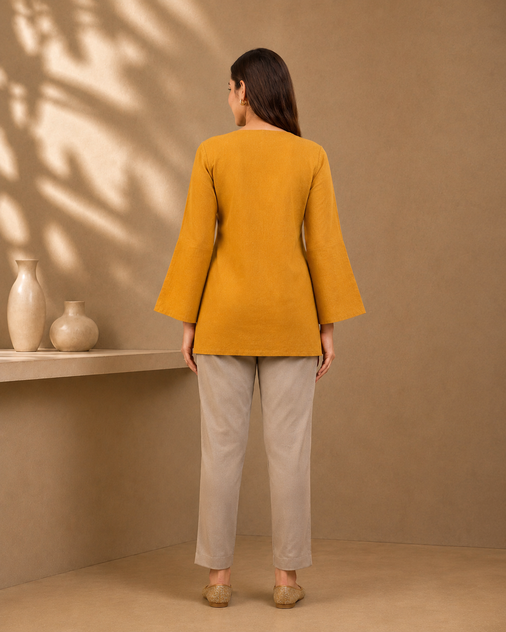 Mustard Yellow Solid V-Neck Bell Sleeve Cotton Kurti