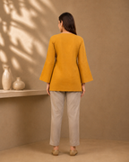 Mustard Yellow Solid V-Neck Bell Sleeve Cotton Kurti