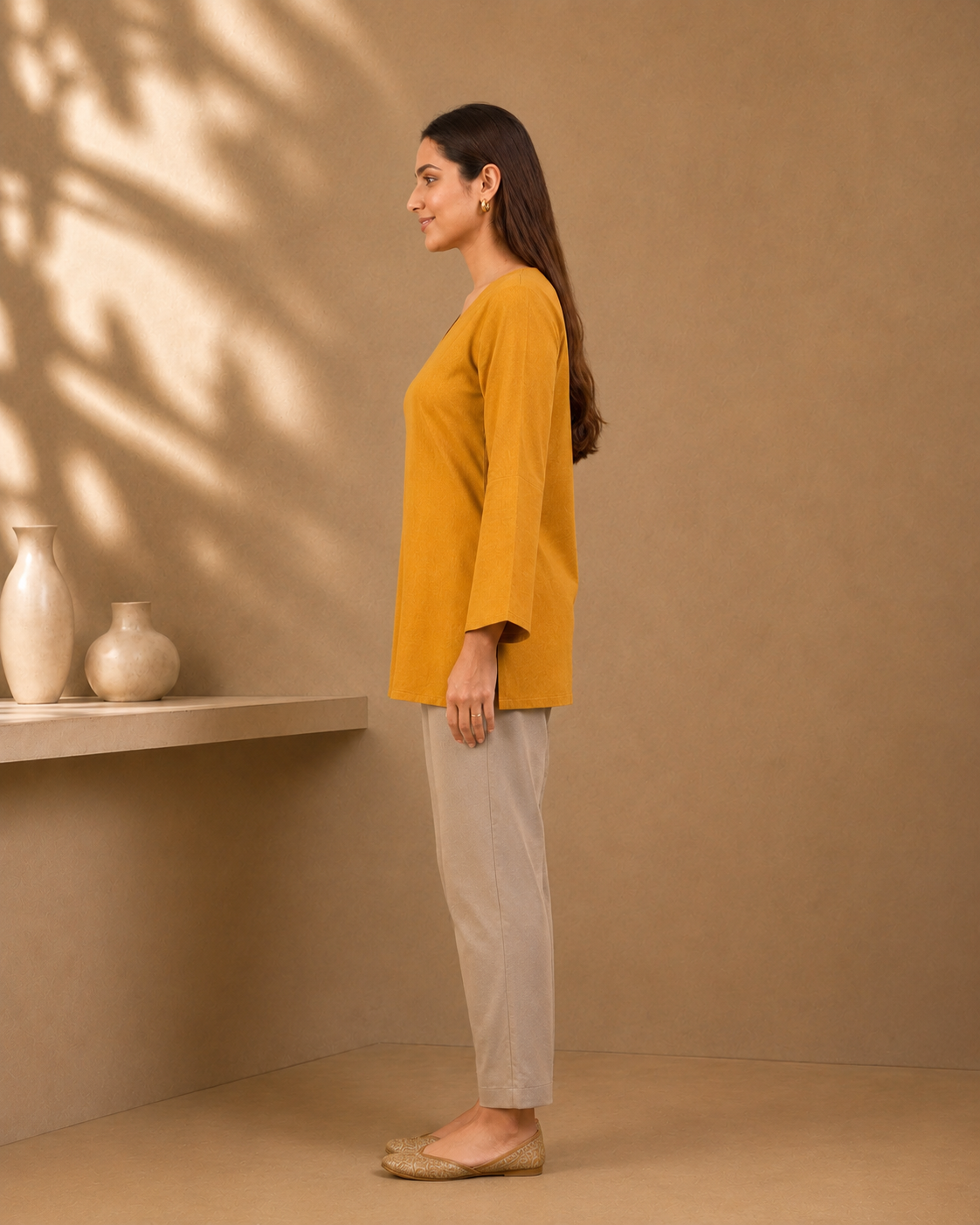 Mustard Yellow Solid V-Neck Bell Sleeve Cotton Kurti