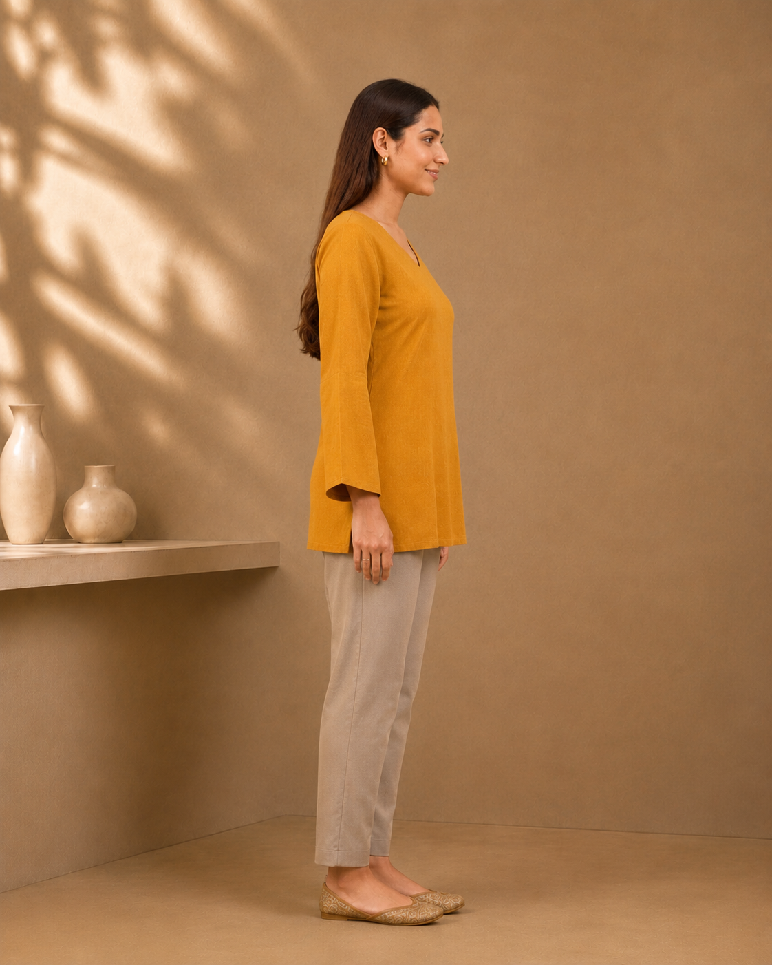 Mustard Yellow Solid V-Neck Bell Sleeve Cotton Kurti