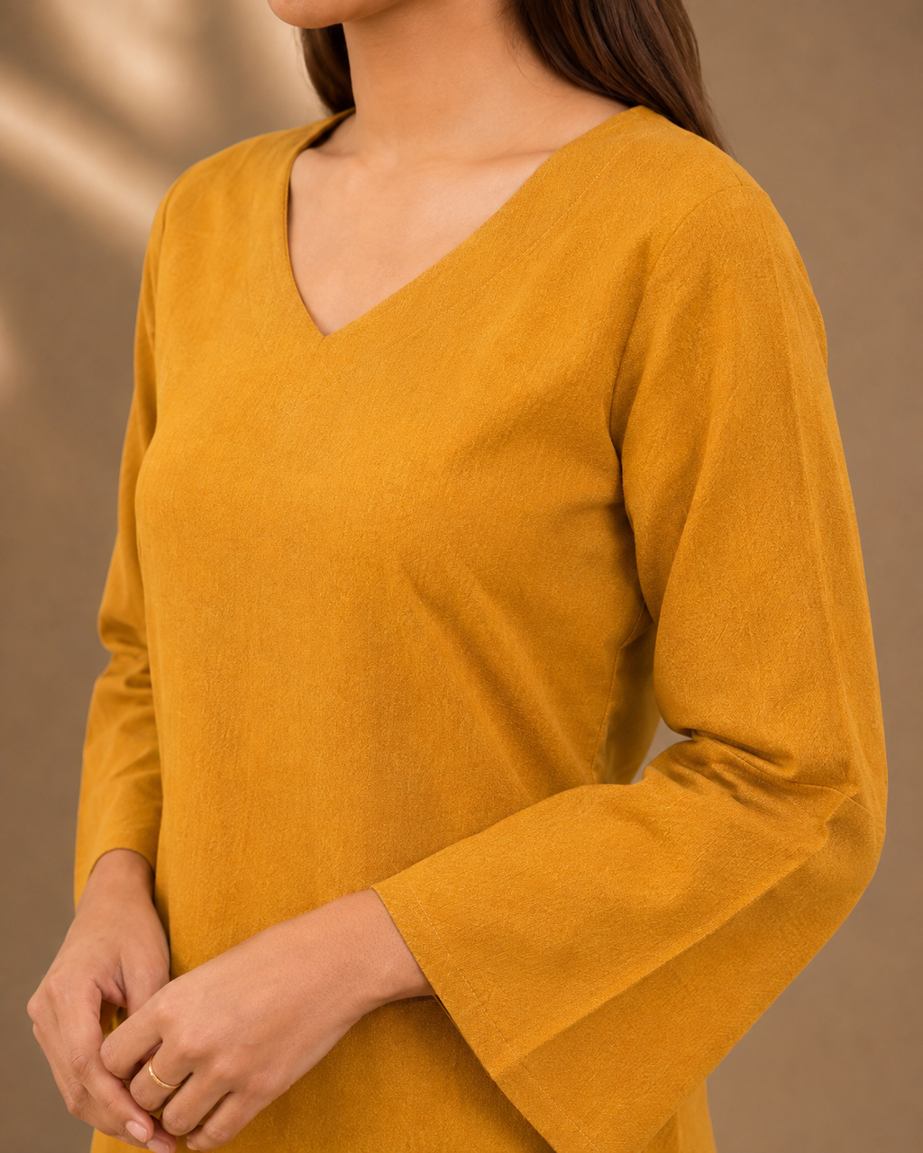 Mustard Yellow Solid V-Neck Bell Sleeve Cotton Kurti