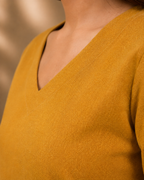 Mustard Yellow Solid V-Neck Bell Sleeve Cotton Kurti
