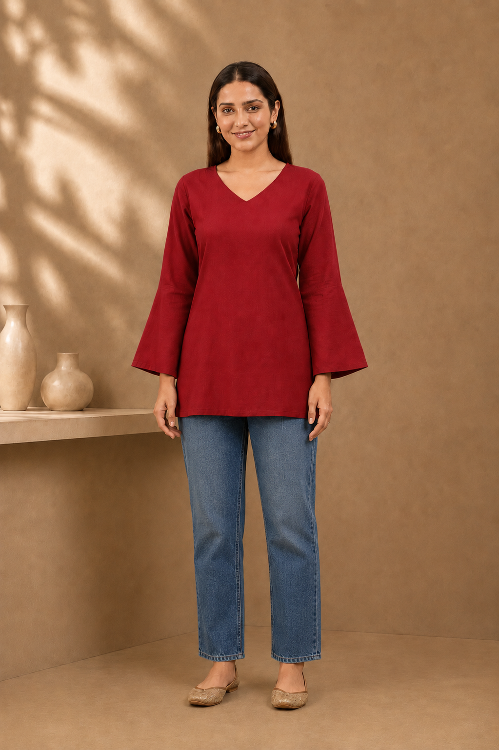 Red Solid V-Neck Bell Sleeve Cotton Kurti
