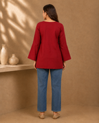Red Solid V-Neck Bell Sleeve Cotton Kurti