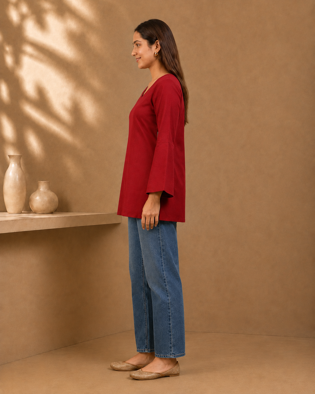 Red Solid V-Neck Bell Sleeve Cotton Kurti