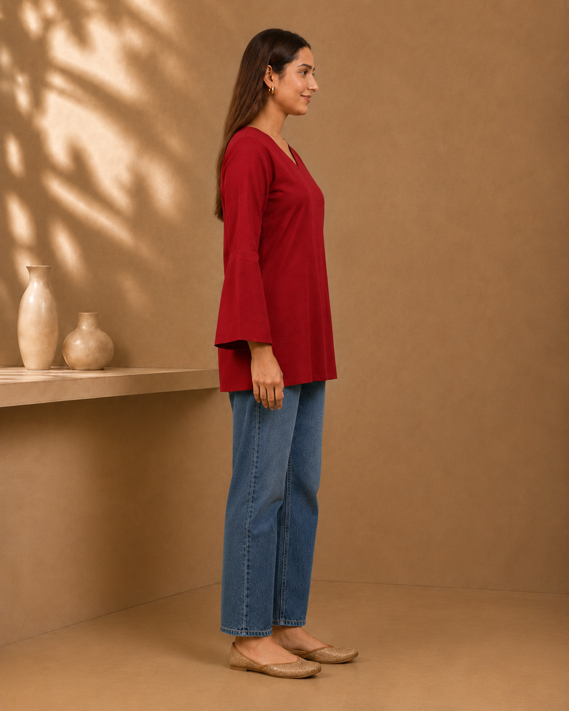 Red Solid V-Neck Bell Sleeve Cotton Kurti