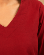 Red Solid V-Neck Bell Sleeve Cotton Kurti