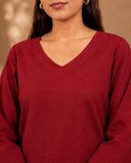 Red Solid V-Neck Bell Sleeve Cotton Kurti