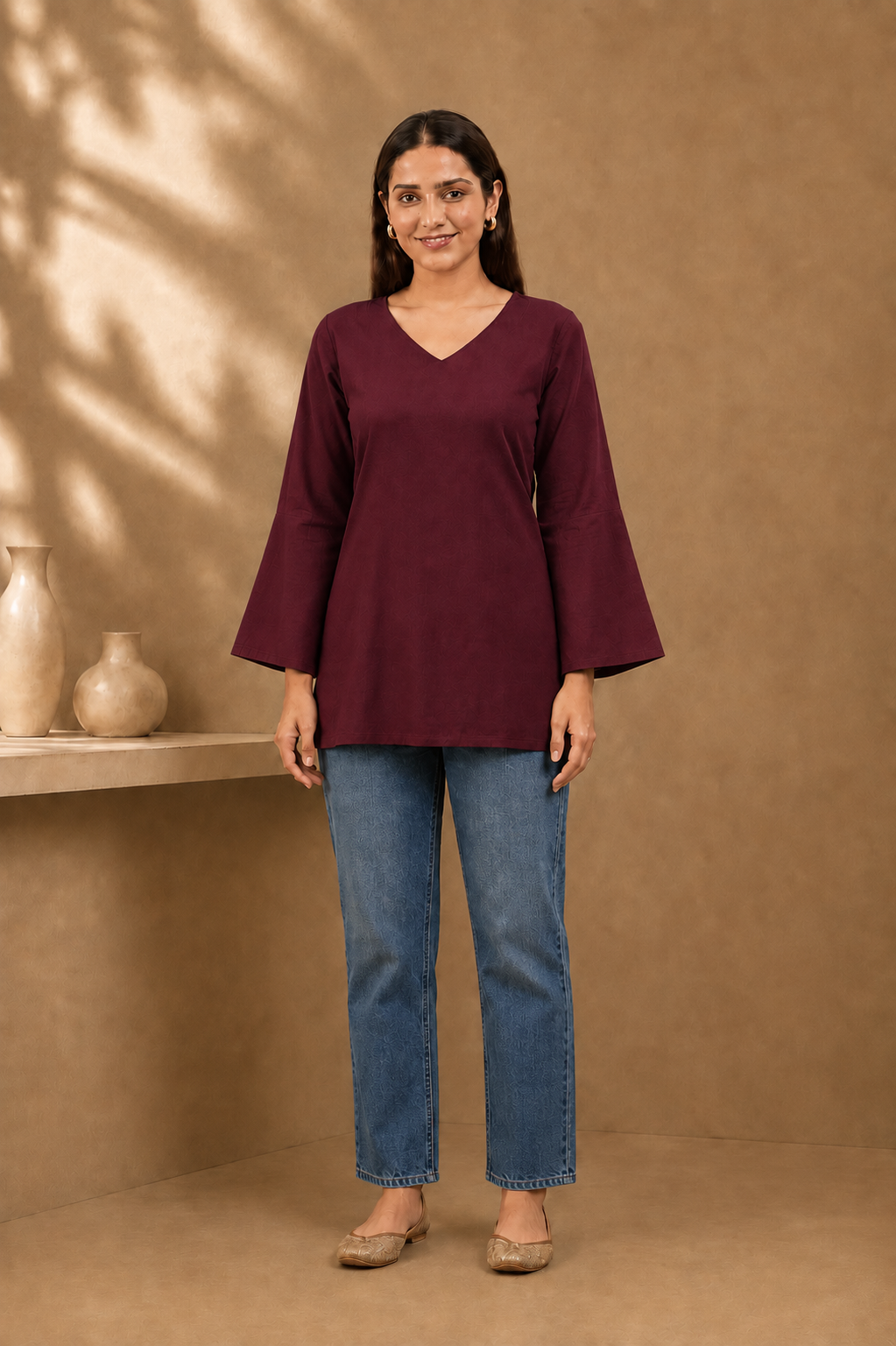Burgundy Solid V-Neck Bell Sleeve Cotton Kurti
