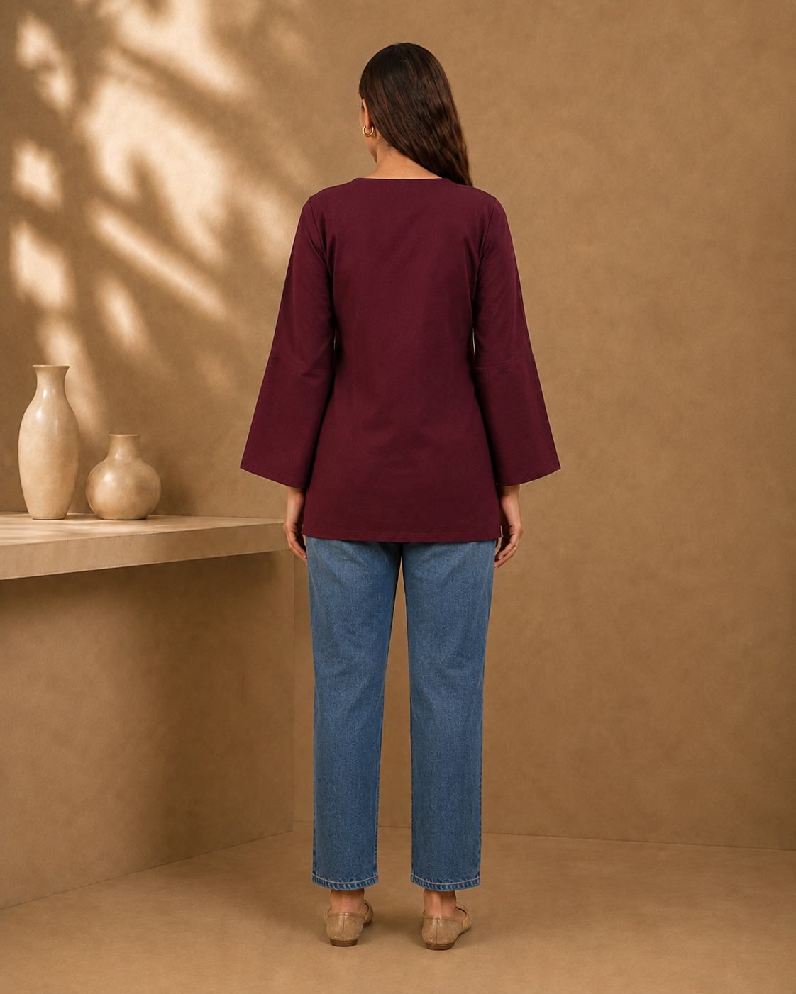 Burgundy Solid V-Neck Bell Sleeve Cotton Kurti