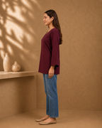 Burgundy Solid V-Neck Bell Sleeve Cotton Kurti