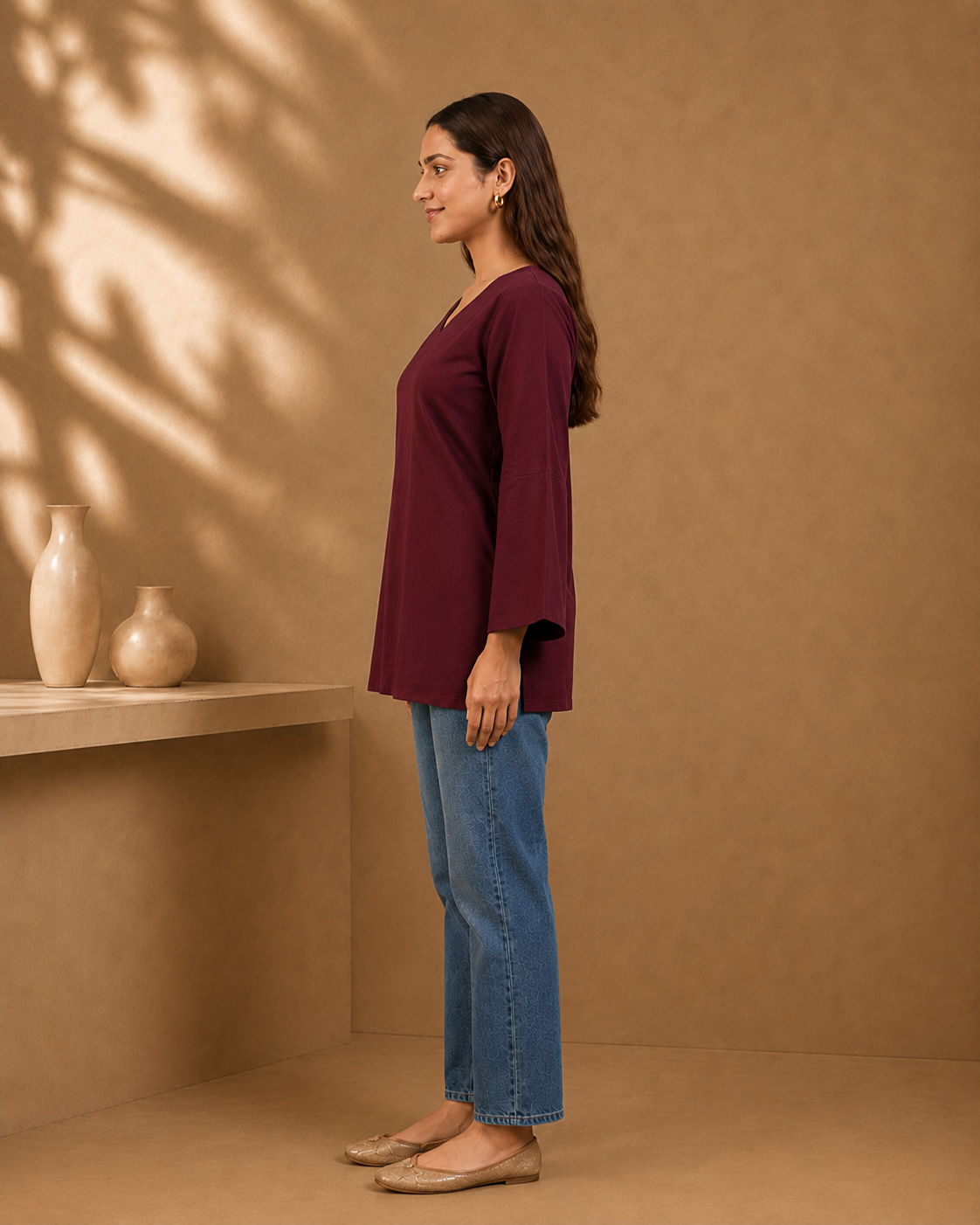 Burgundy Solid V-Neck Bell Sleeve Cotton Kurti