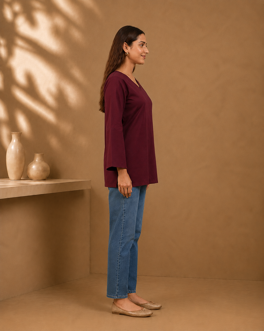 Burgundy Solid V-Neck Bell Sleeve Cotton Kurti