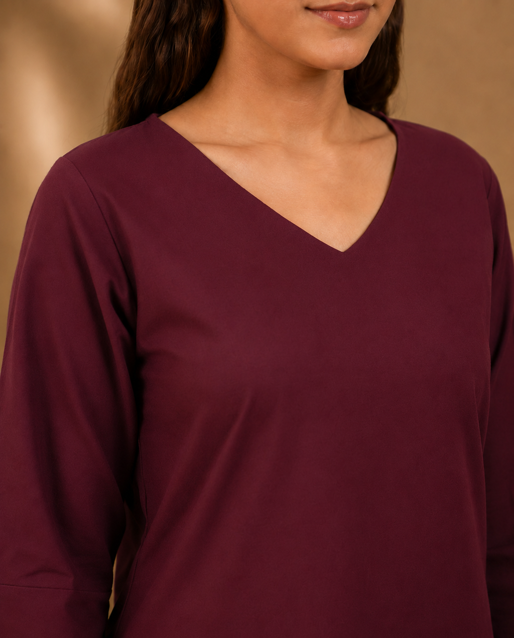 Burgundy Solid V-Neck Bell Sleeve Cotton Kurti