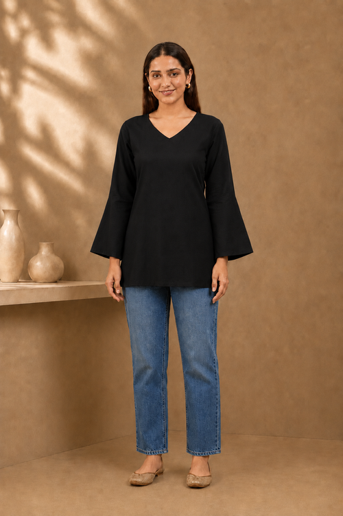 Black Solid V-Neck Bell Sleeve Cotton Kurti