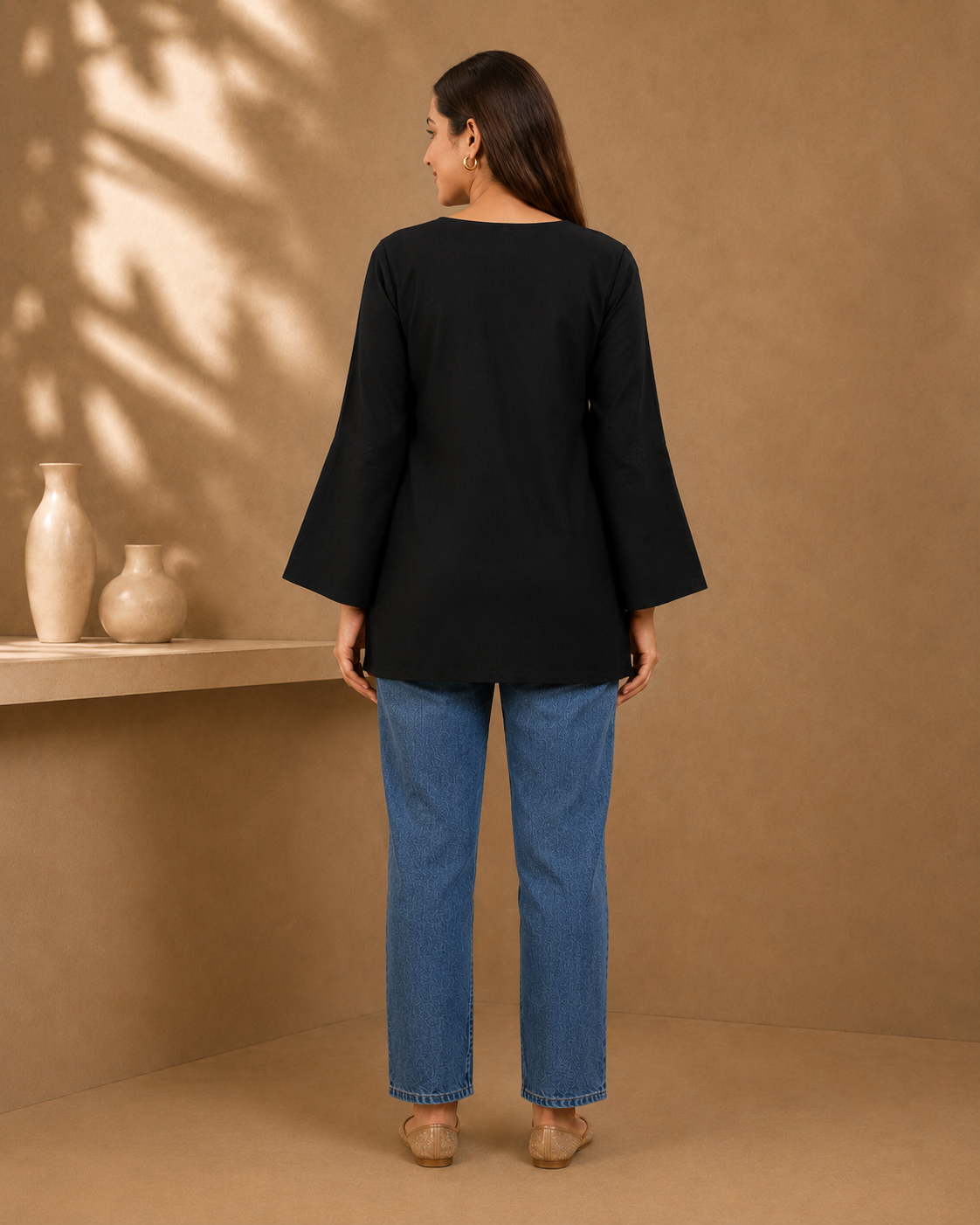 Black Solid V-Neck Bell Sleeve Cotton Kurti