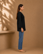 Black Solid V-Neck Bell Sleeve Cotton Kurti
