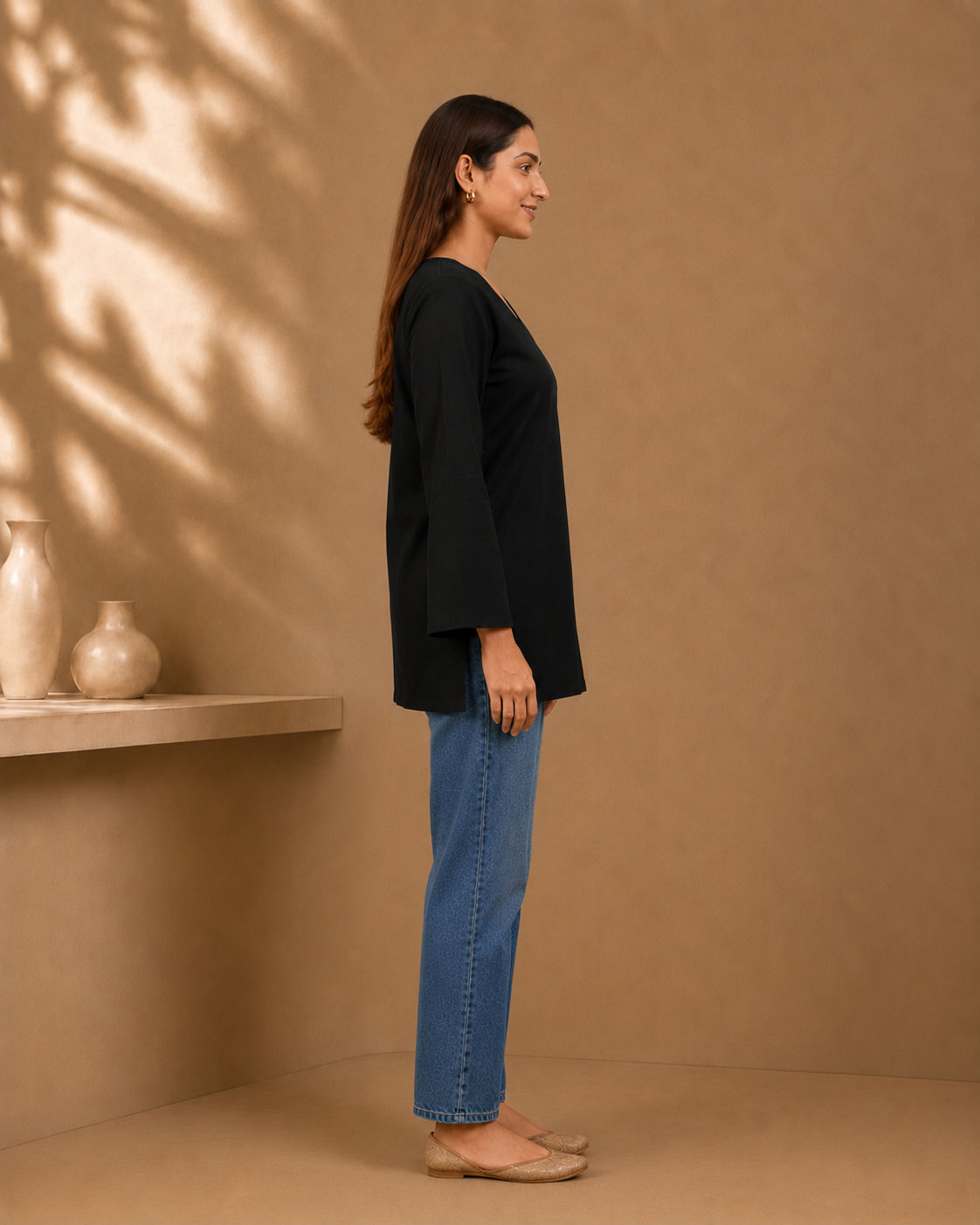 Black Solid V-Neck Bell Sleeve Cotton Kurti