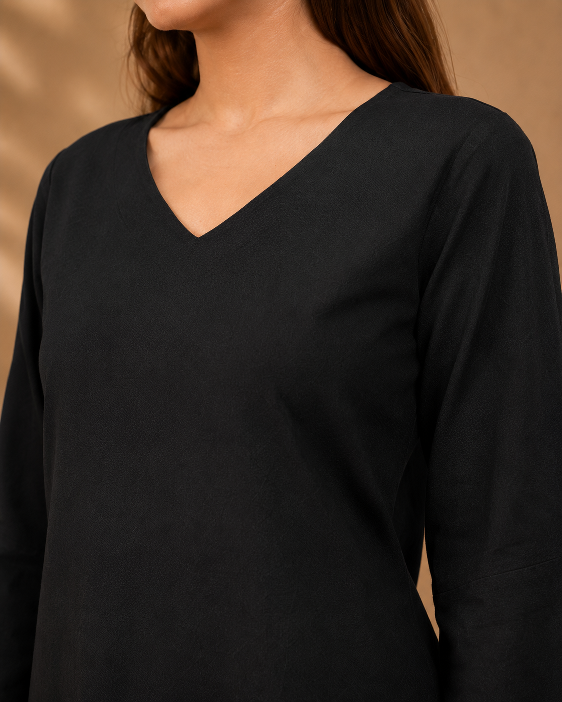Black Solid V-Neck Bell Sleeve Cotton Kurti