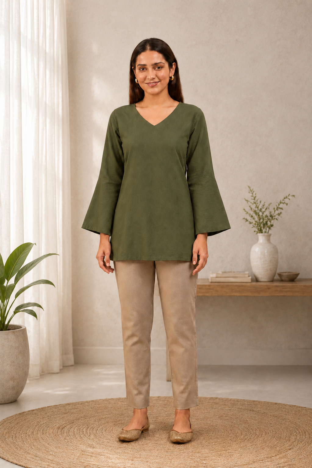 Olive Green Solid V-Neck Bell Sleeve Cotton Kurti