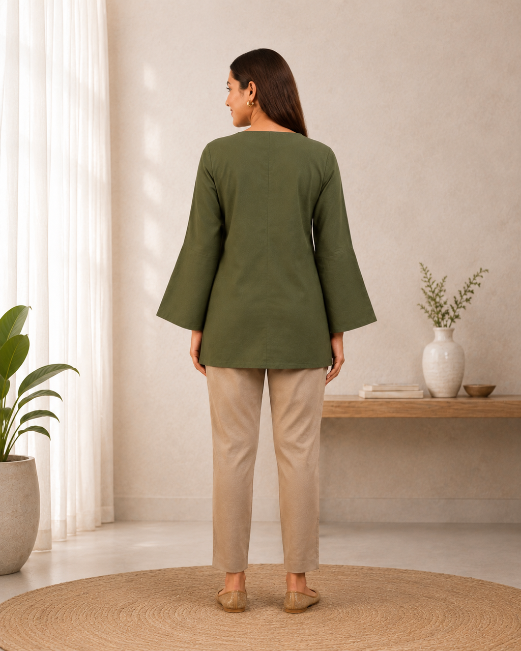 Olive Green Solid V-Neck Bell Sleeve Cotton Kurti
