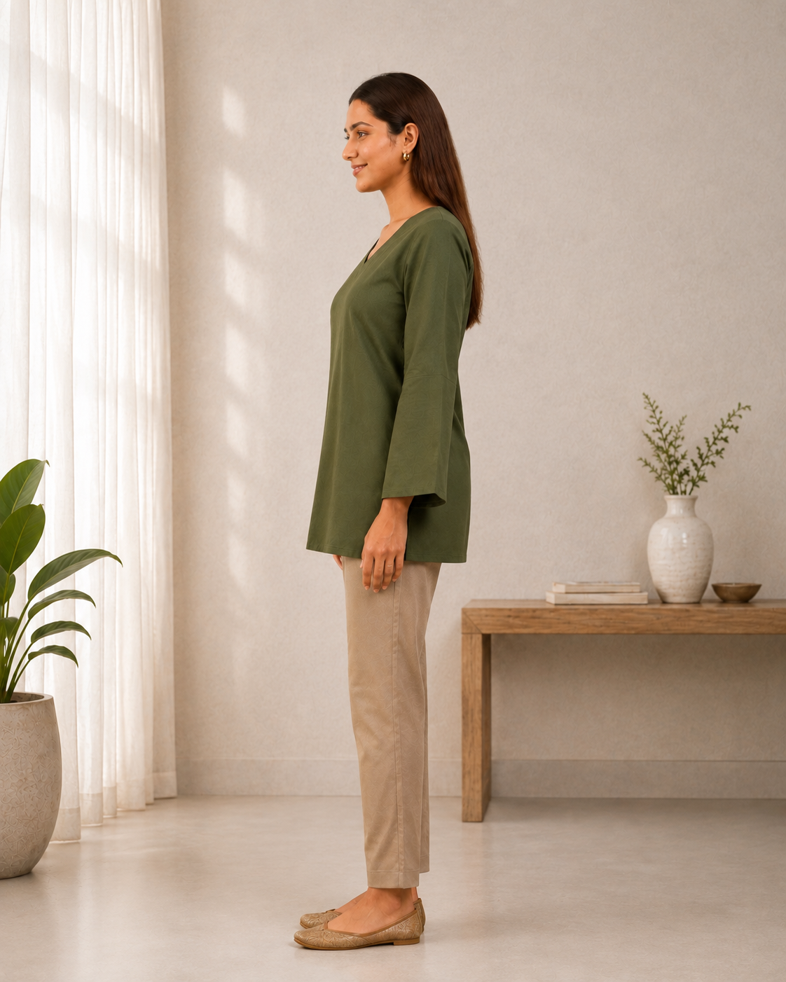 Olive Green Solid V-Neck Bell Sleeve Cotton Kurti