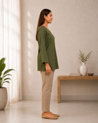 Olive Green Solid V-Neck Bell Sleeve Cotton Kurti