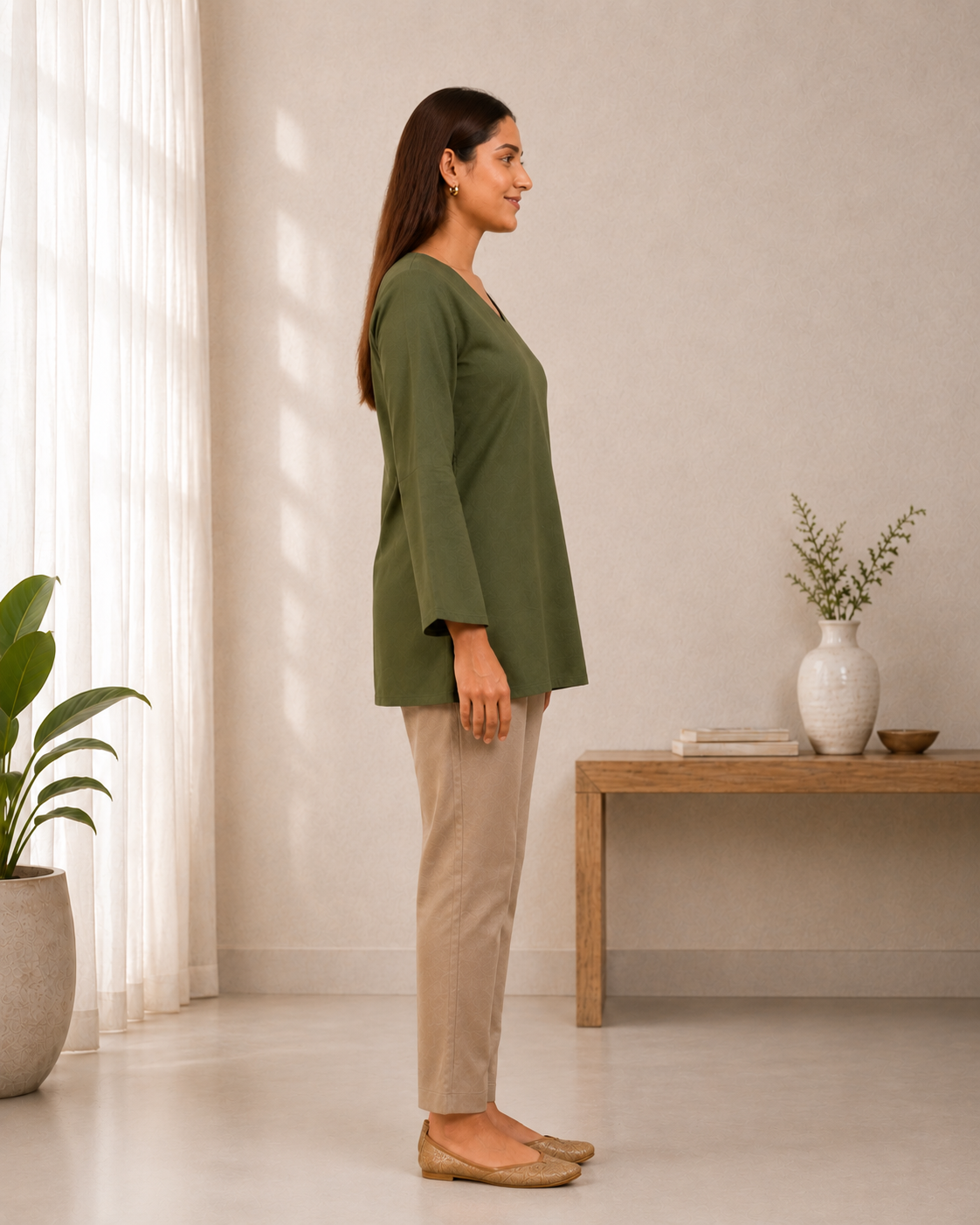 Olive Green Solid V-Neck Bell Sleeve Cotton Kurti