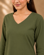 Olive Green Solid V-Neck Bell Sleeve Cotton Kurti
