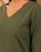 Olive Green Solid V-Neck Bell Sleeve Cotton Kurti