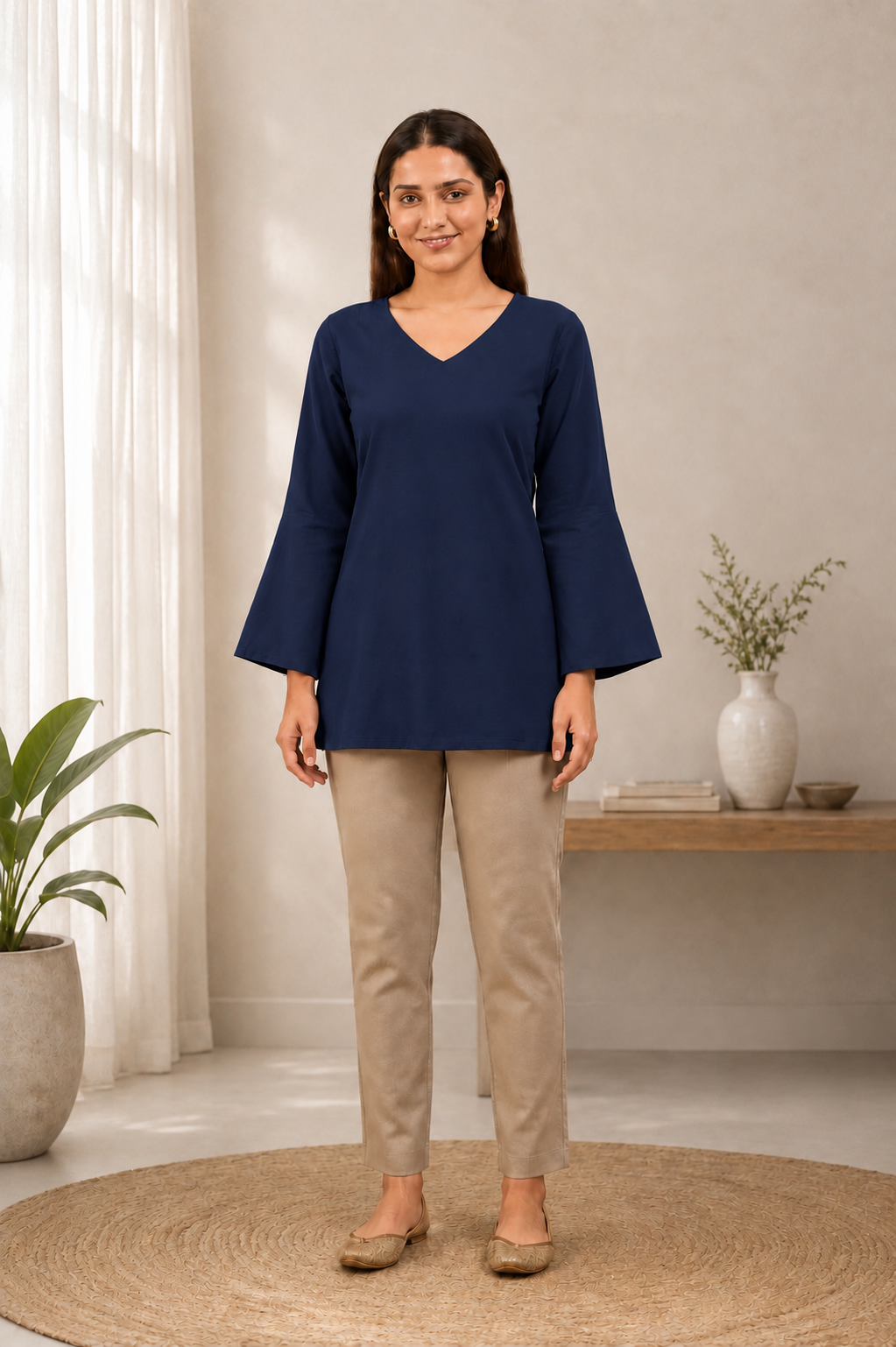 Navy Blue Solid V-Neck Bell Sleeve Cotton Kurti