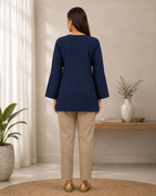 Navy Blue Solid V-Neck Bell Sleeve Cotton Kurti
