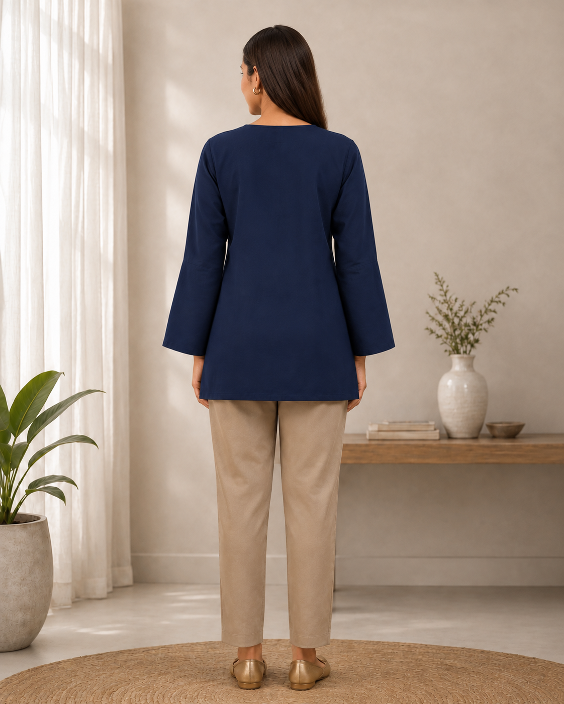 Navy Blue Solid V-Neck Bell Sleeve Cotton Kurti