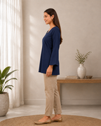 Navy Blue Solid V-Neck Bell Sleeve Cotton Kurti