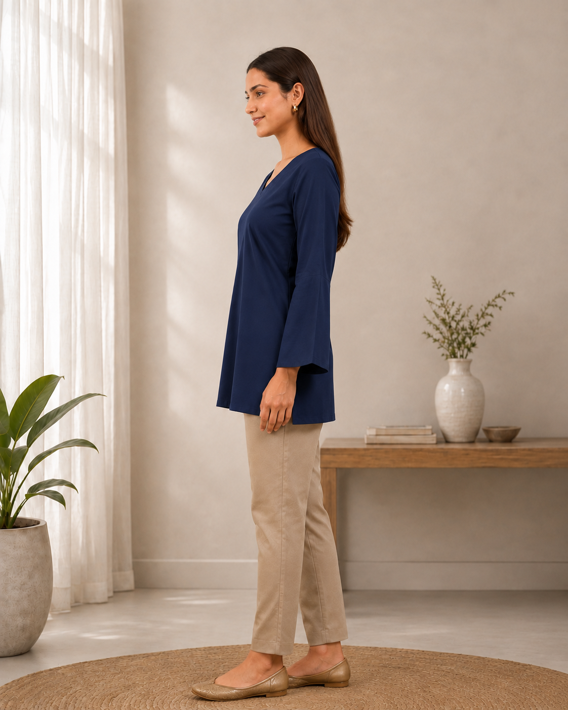 Navy Blue Solid V-Neck Bell Sleeve Cotton Kurti