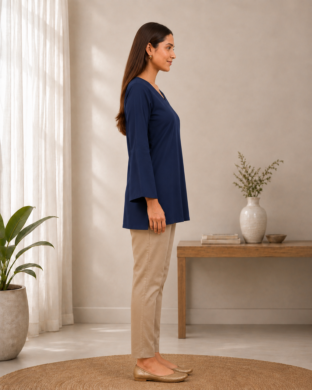 Navy Blue Solid V-Neck Bell Sleeve Cotton Kurti